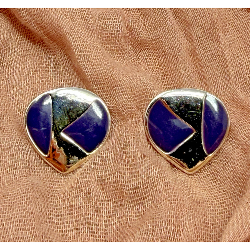 Vintage Heart Stud Earrings Blue Enamel Silver Tone Geometric .75” Retro Chic